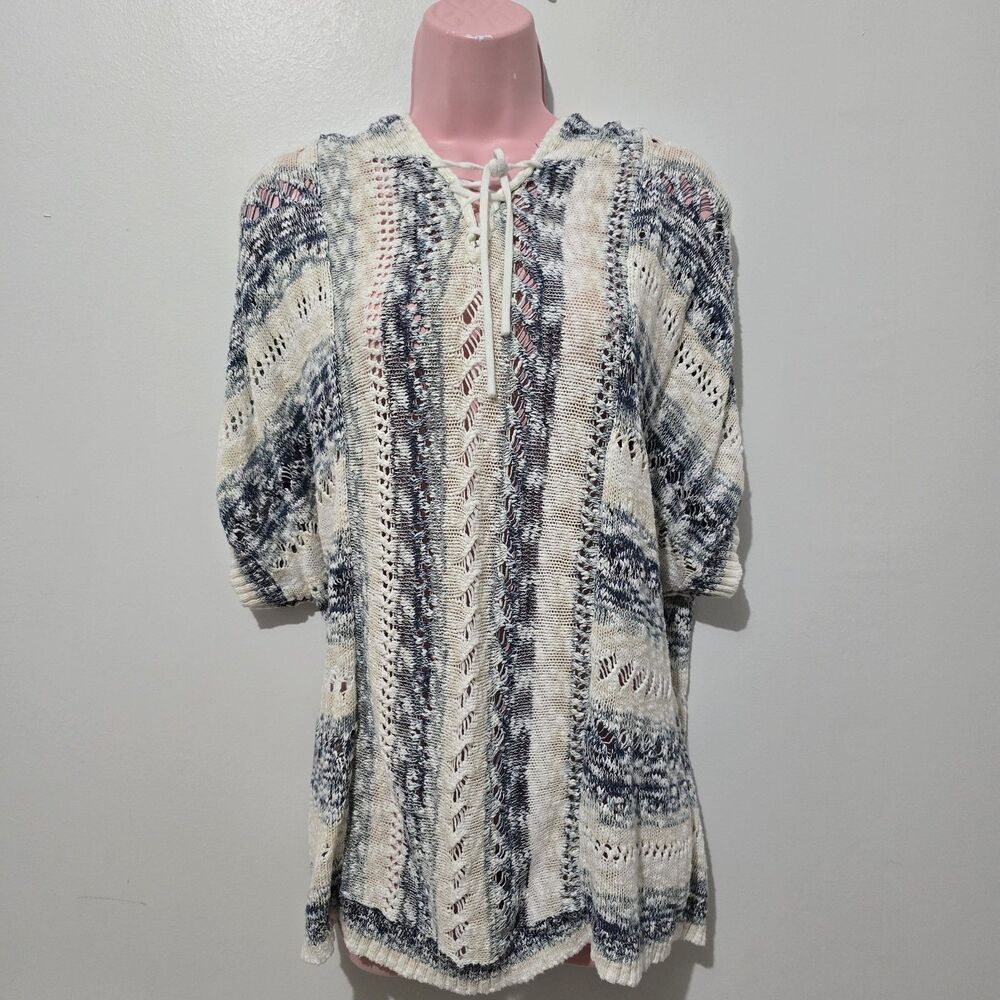 LOFT Outlet Lounge - Sweater Knit Distressed  Pullover - Blue White - Size L